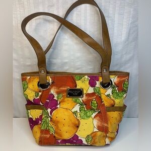 Relic fruit pattern fabric shoulder bag.